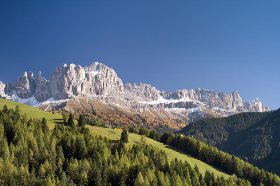 Naturhotel Südtirol Berge Dolomiten Rosengarten Landschaft Bäume Wald Panorama